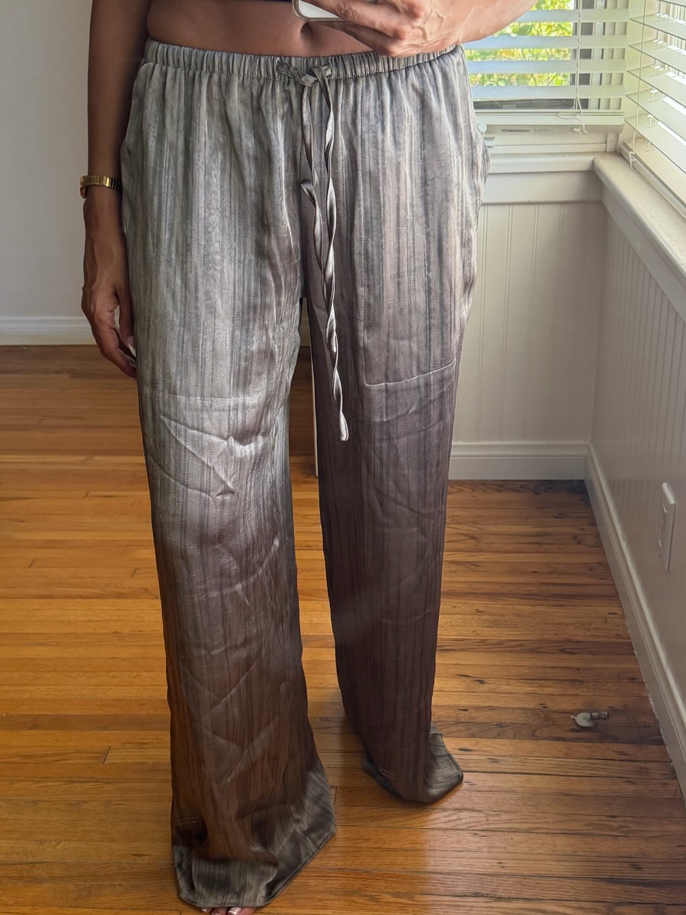 Ladies' Satin Wide-Leg Drawstring Pants - olive green